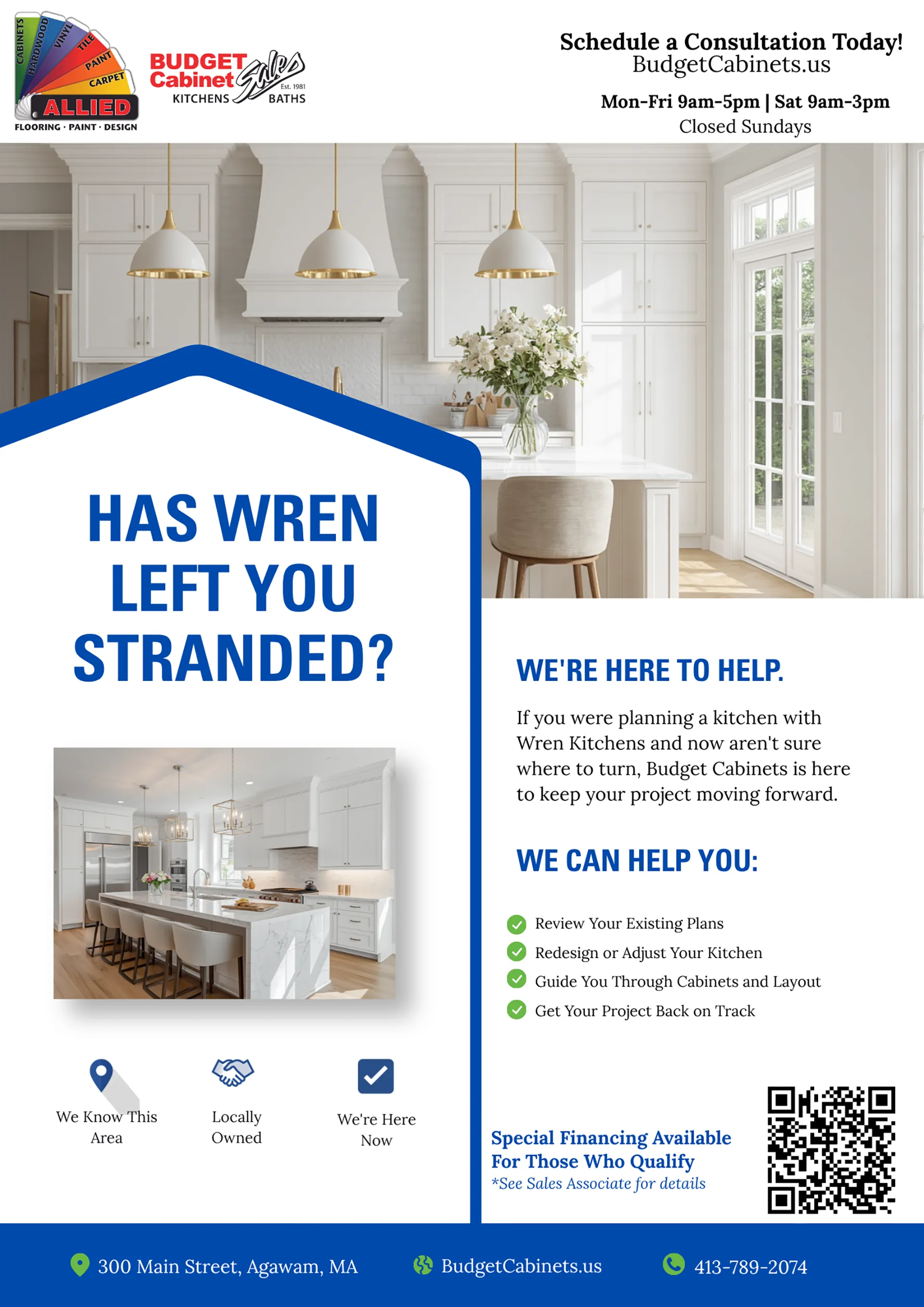 Kitchen Plans Interrupted? We're Here to Help If you placed a deposit or purchased a kitchen through Wren and are now unsure of next steps, Budget Cabinets may be able to help get your project moving again. We're working with manufacturers and support programs designed to assist affected customers and help continue projects where possible. Bring in: ✓ Existing plans ✓ Measurements ✓ Inspiration photos ✓ Order information (if available) Our team can review your information and help guide you through available options. Questions? Contact Budget Cabinets or stop by our showroom.