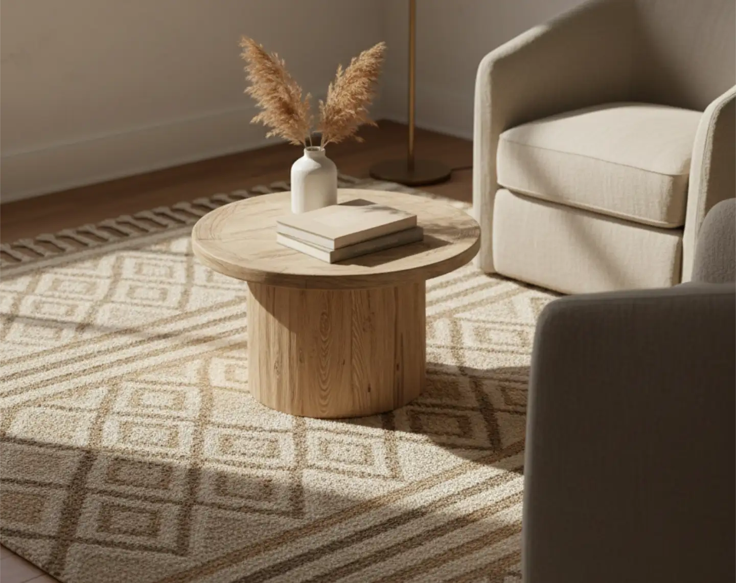 Cream and tan geometric area rug on a wood floor with a round wood coffee table, pampas grass vase and two armchairs