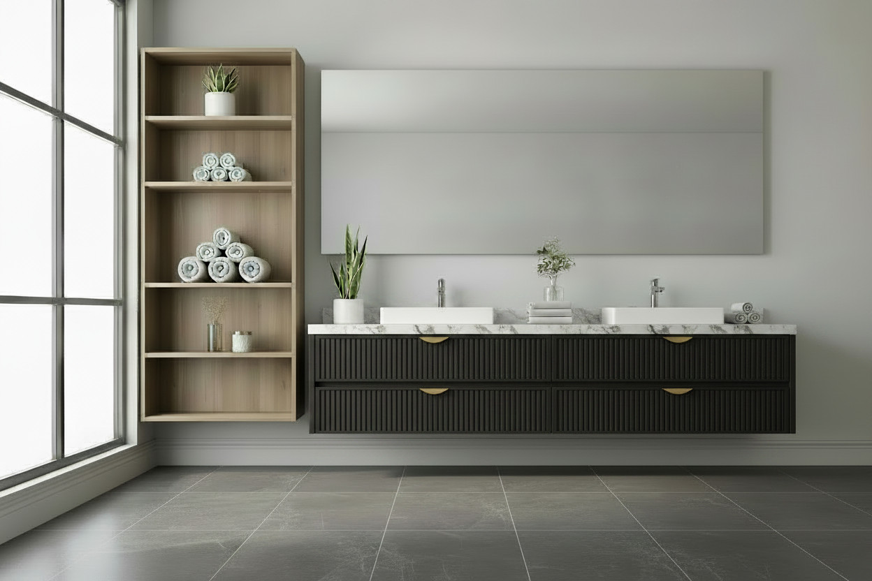 Bathroom with floating black vanity and open wood shelving