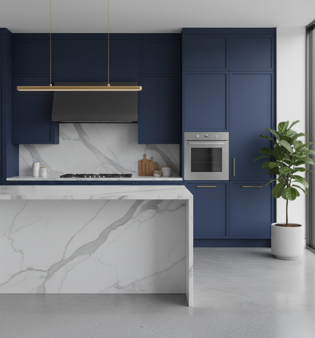 Navy kitchen with white marble waterfall countertop