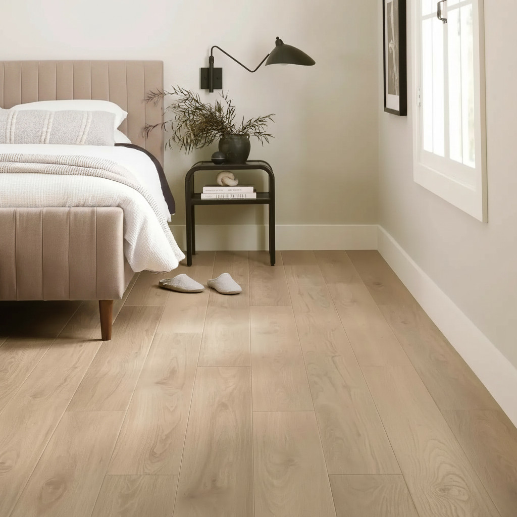 Bedroom with light oak wide-plank flooring