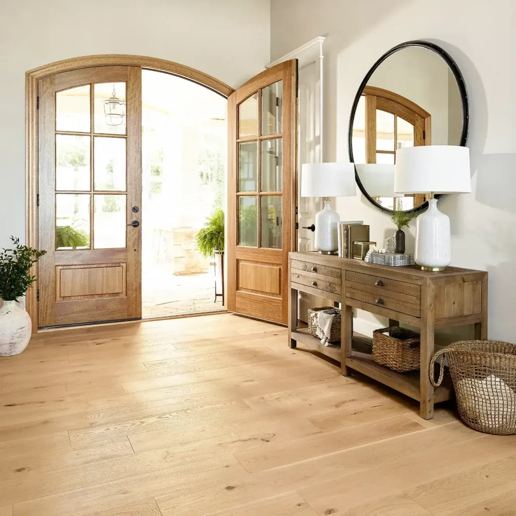 Light Shaw Floors Castlewood Oak hardwood in an entryway with large wooden double doors