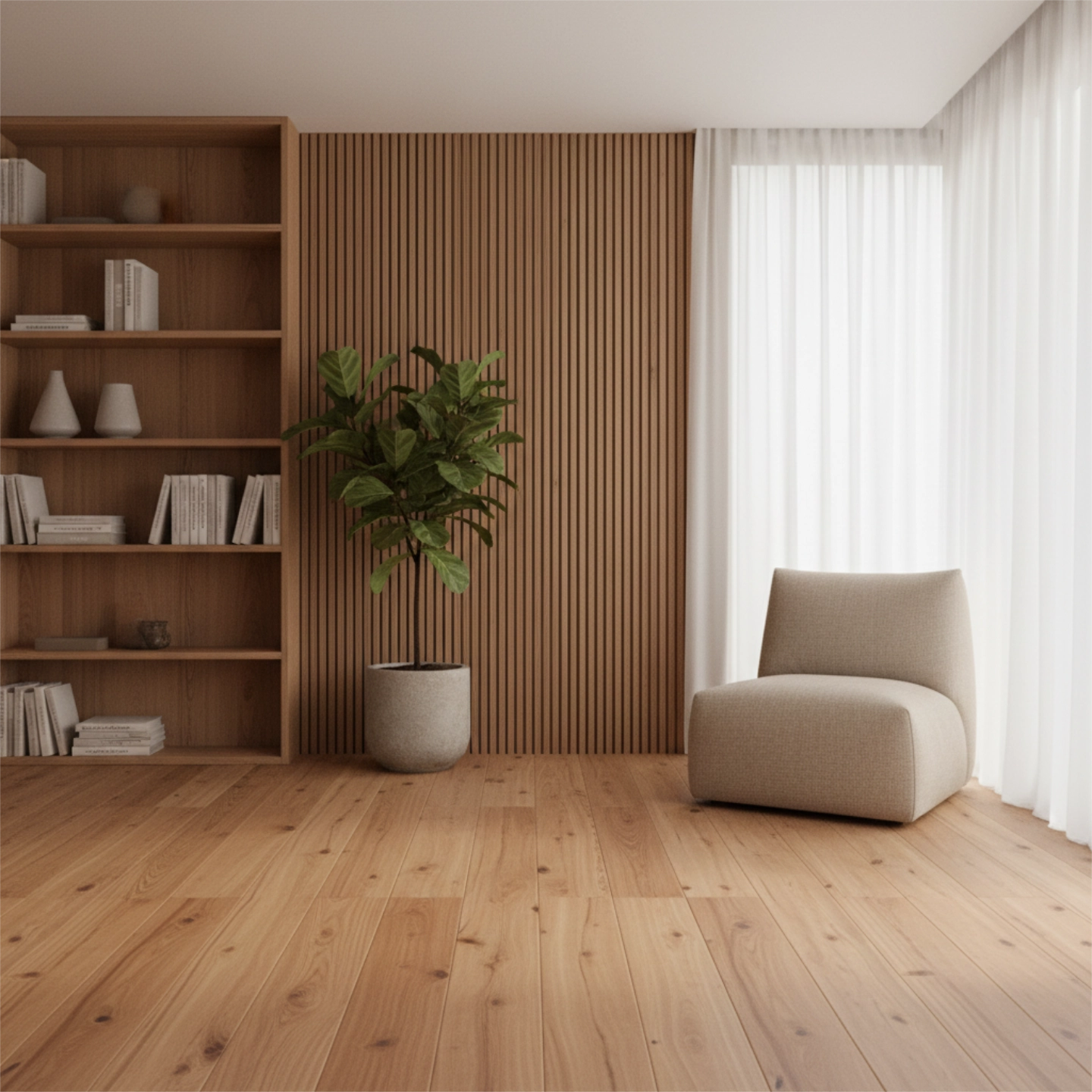 Bright living room with wide-plank oak hardwood flooring, wood slat accent wall, bookshelf, potted fiddle-leaf fig and beige lounge chair