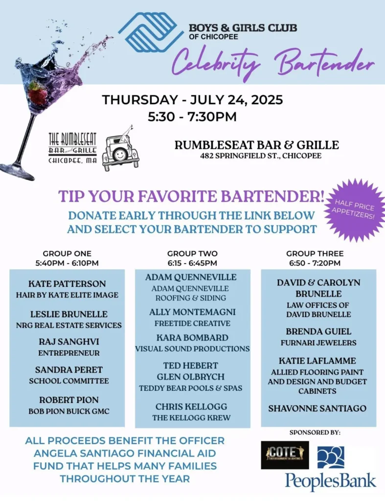 Boys & Girls Club of Chicopee Celebrity Bartender flyer for July 24, 2025 at Rumbleseat Bar & Grille, benefiting the Officer Angela Santiago Financial Aid Fund