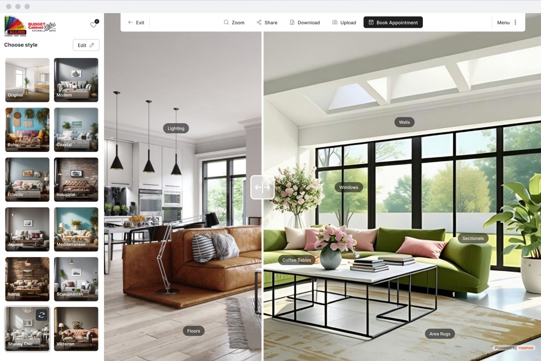 Roomvo Inspire visualizer showing a living room restyled in different design styles