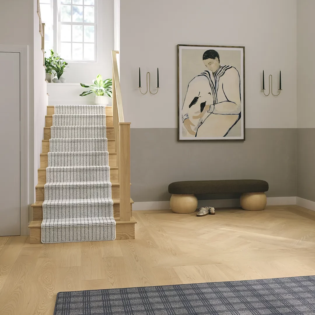 Stair runner on stairs in modern entry way
